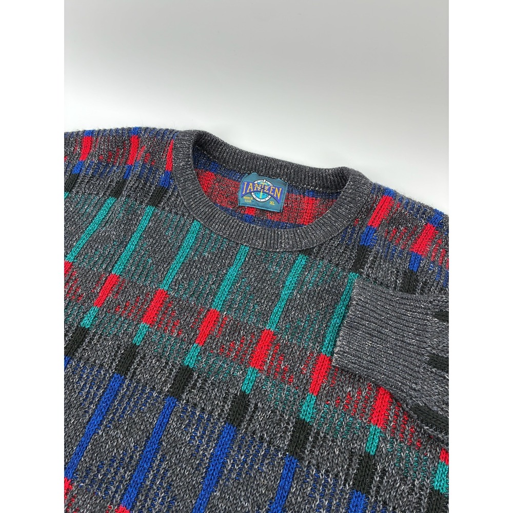 VNTG 90's Jantzen Cotton XL Made in USA Geometric Intarsia Knit Crewneck Sweater